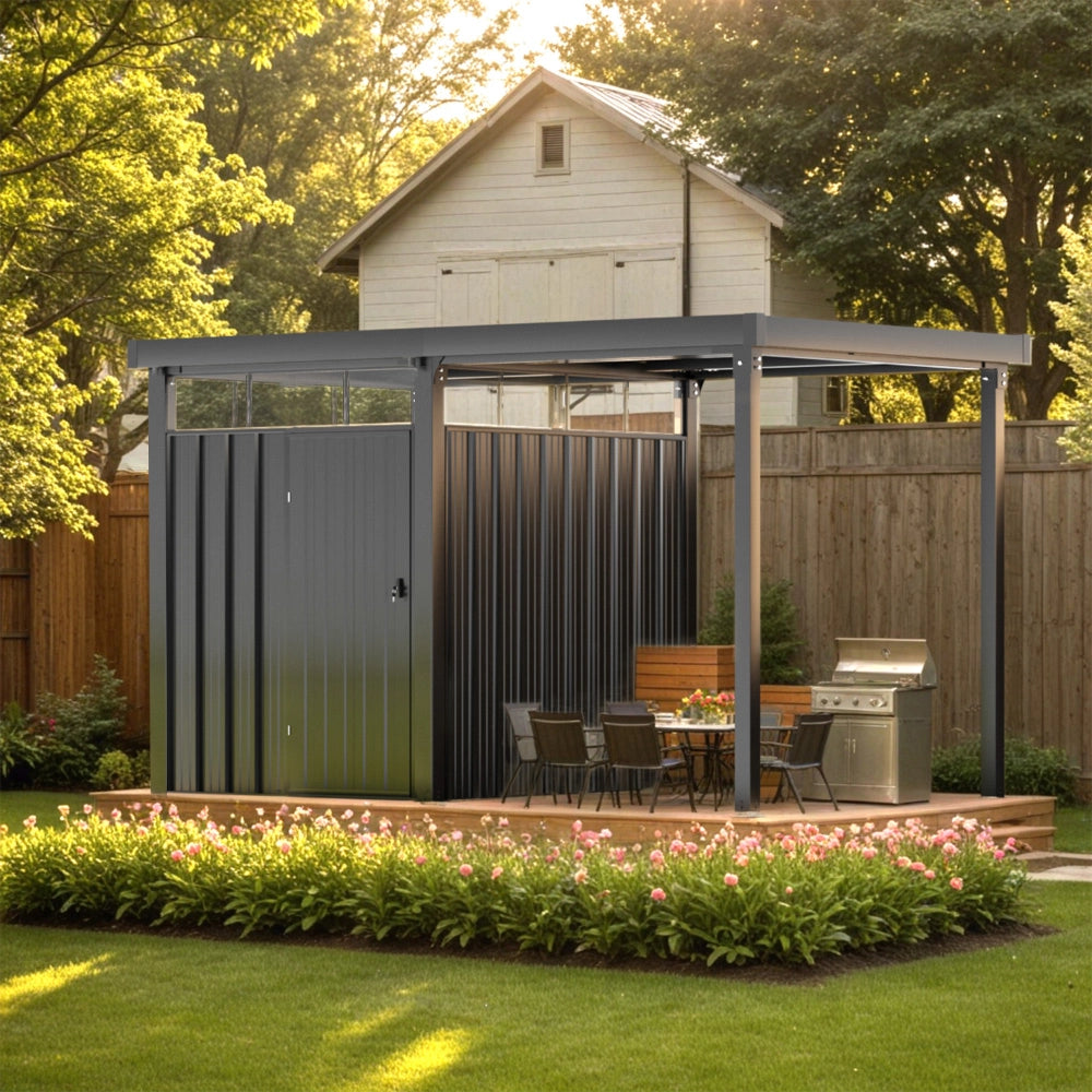 patiowell-14x7-metal-shed-with-open-sided-firewood in backyard