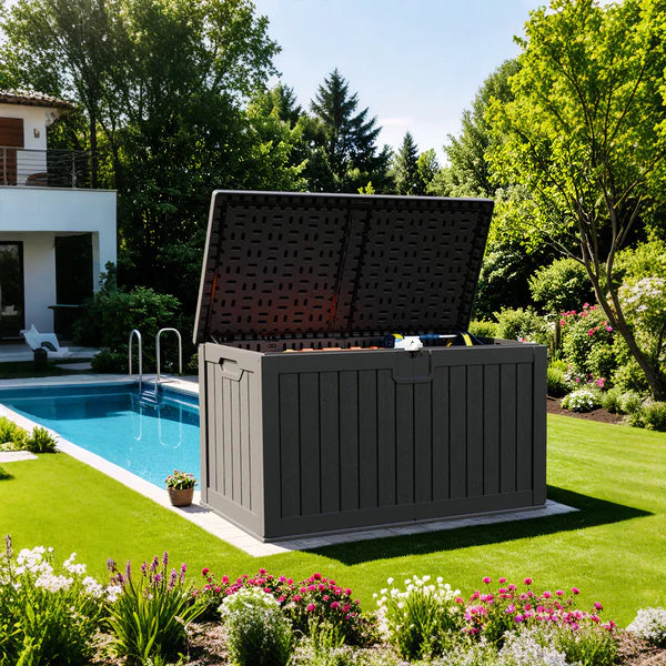 230 gallon deck box beside pool
color:black|Size:230