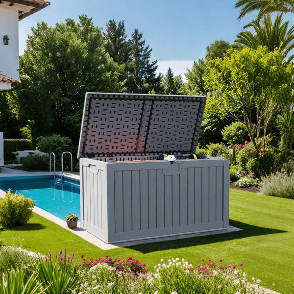 230 gallon deck box beside pool
color:gray|Size:230