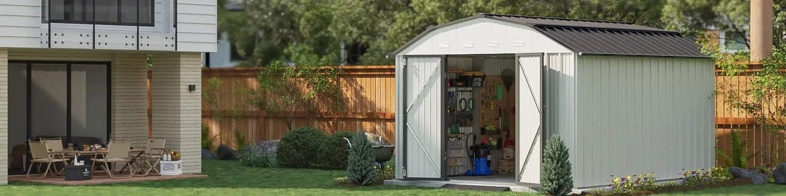 barn style shed with gambrel roof in the backyard