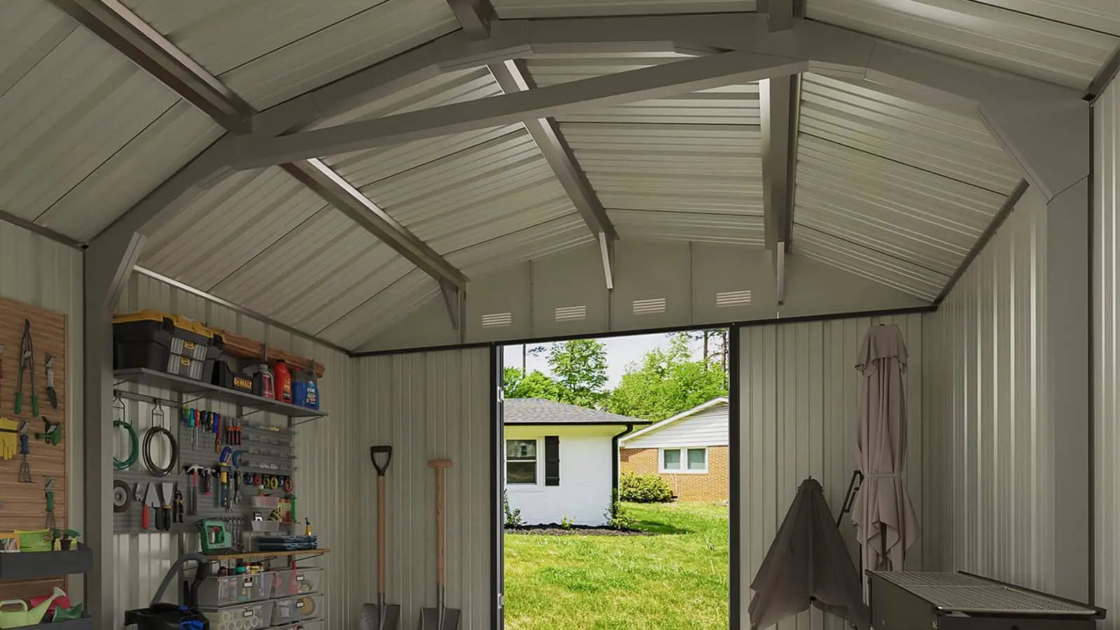 spacious interior of 10x12 barn style metal Shed