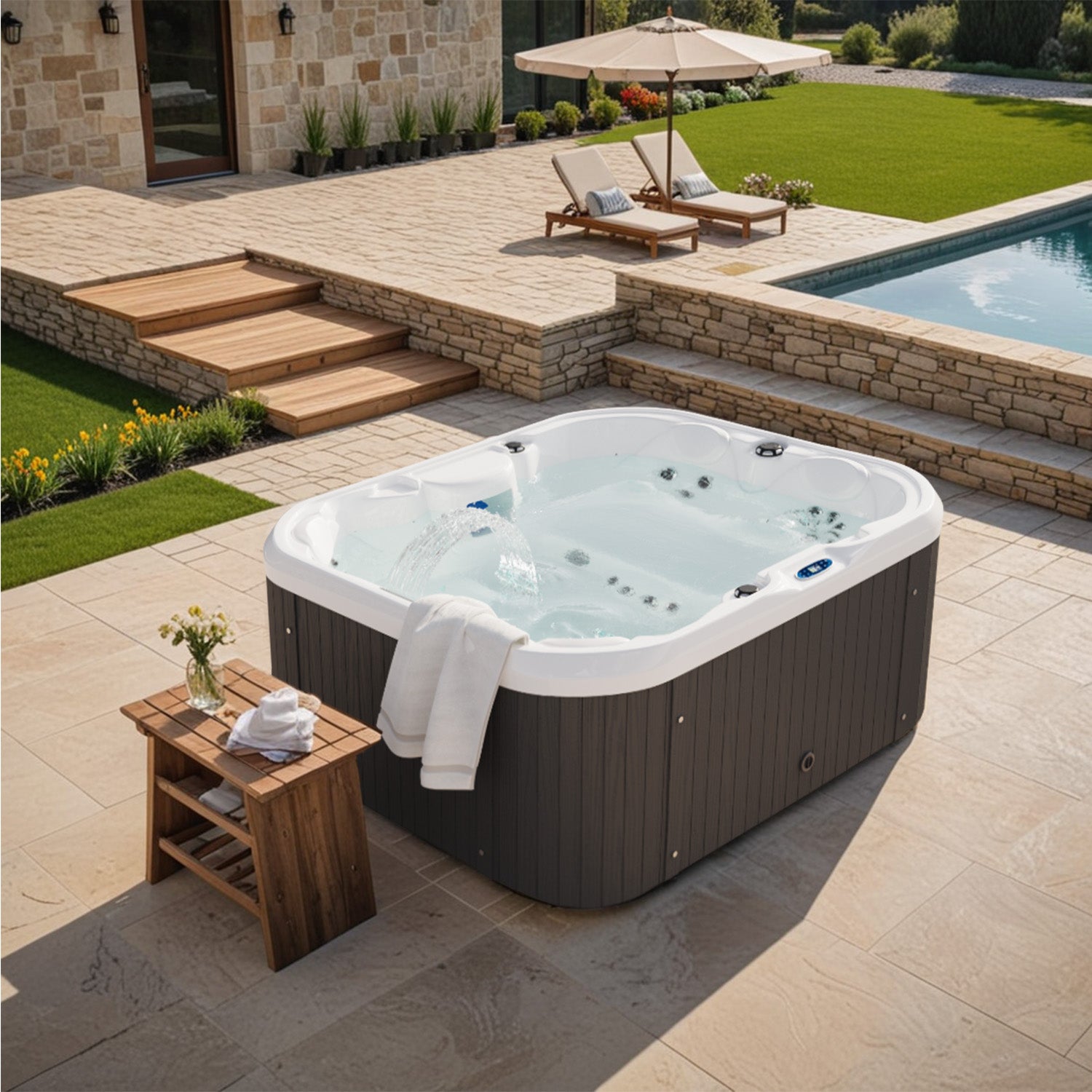 Patiowell-4-person-hot-tub in yard
color:pearl shadow