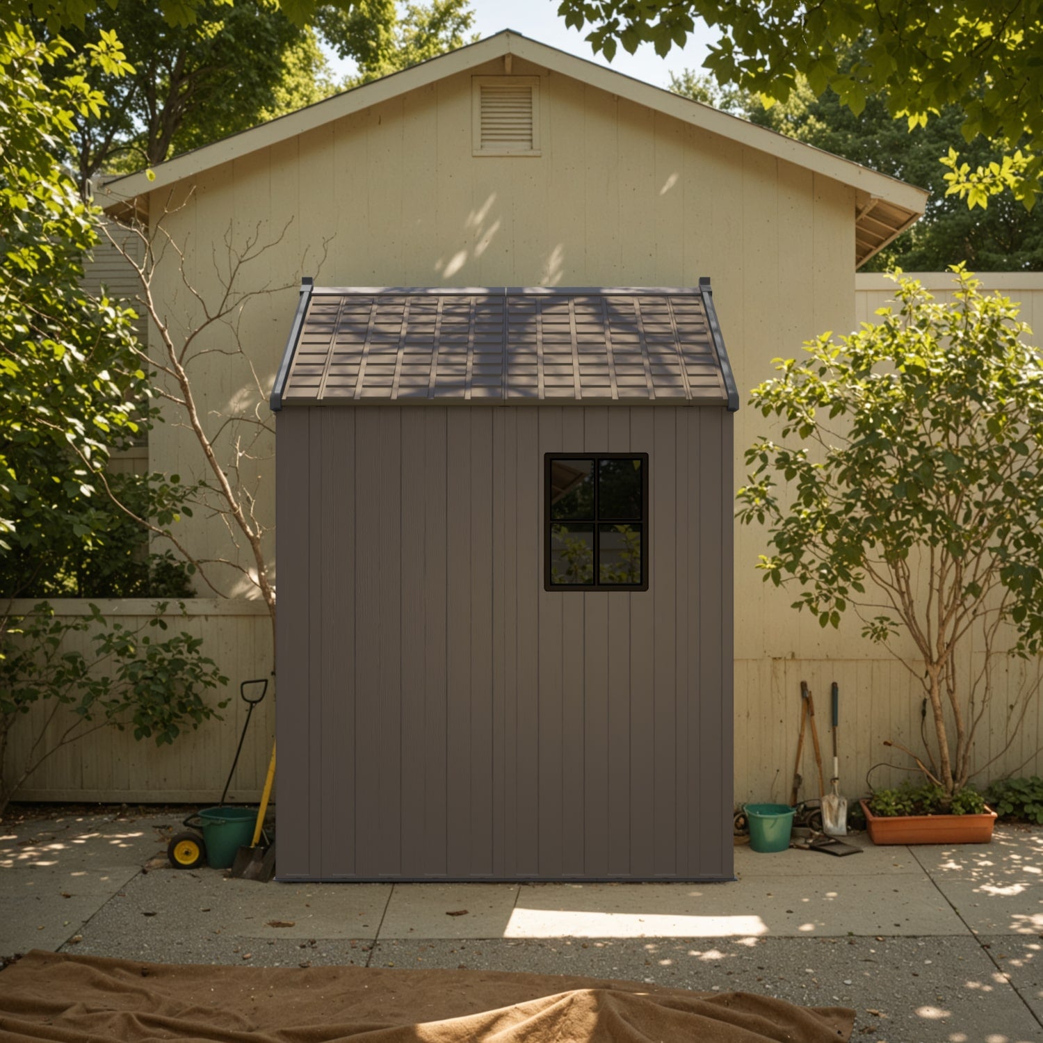 Patiowell_kick-it_8x6_plastic_shed in backyard
color:brown|Led Lighting:included