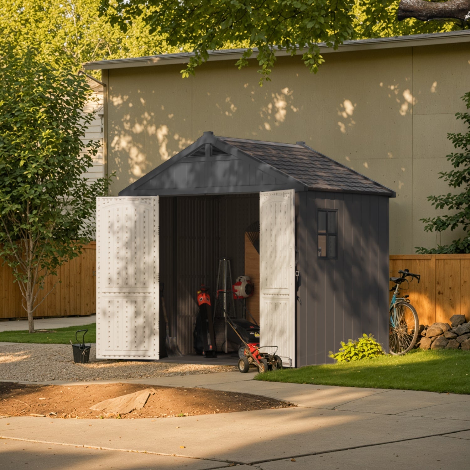 Patiowell_kick-it_8x6_plastic_shed in backyard
color:brown|Led Lighting:included