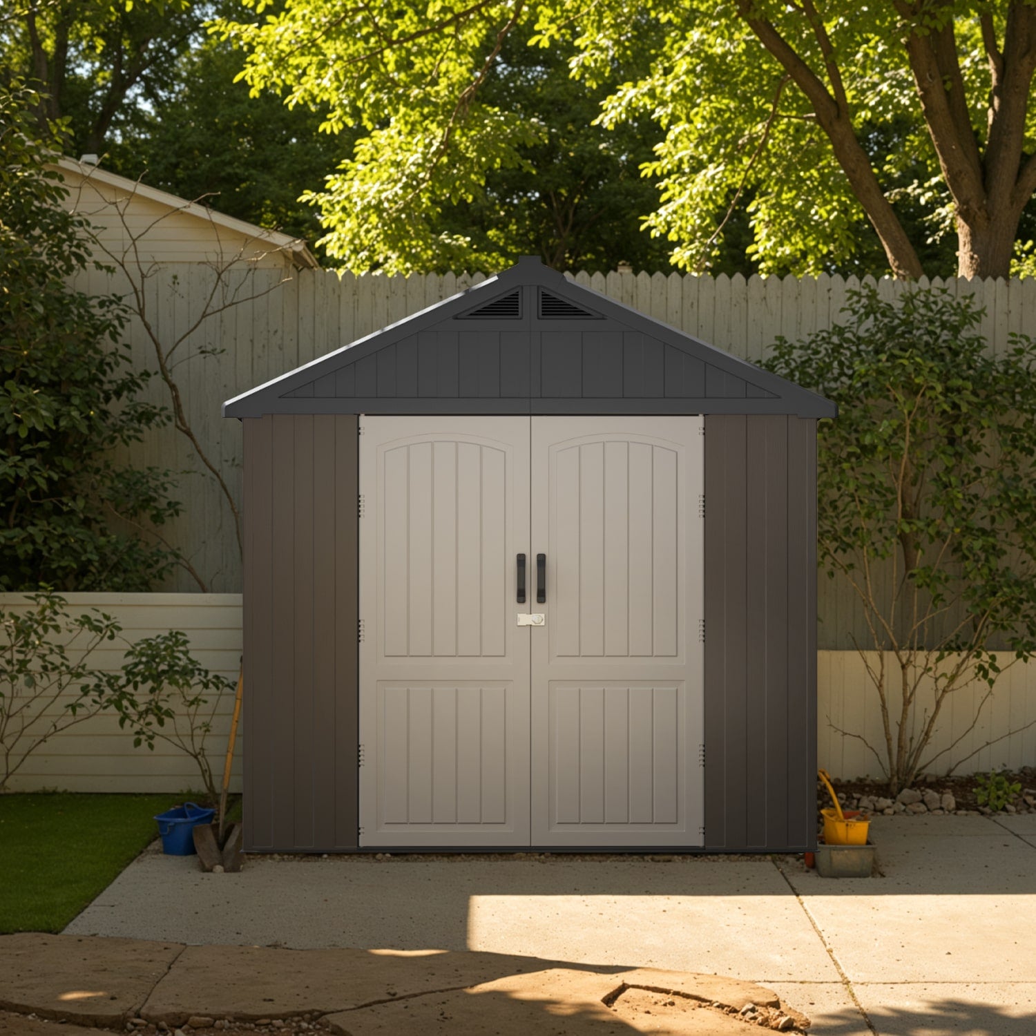 Patiowell_kick-it_8x6_plastic_shed in backyard
color:brown|Led Lighting:included