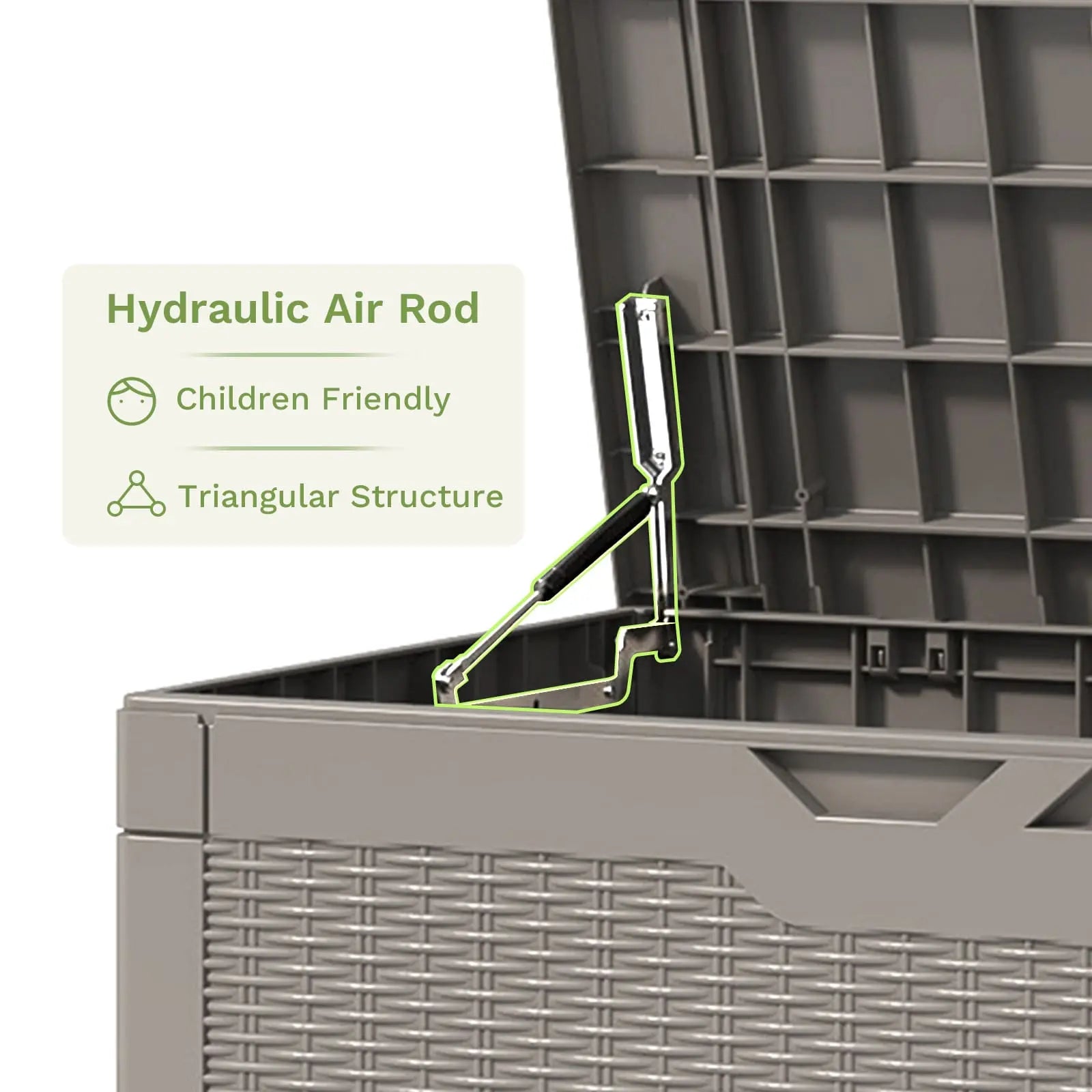 The 100 gallon ourdoor storage deck box features in hydraulic air rod design