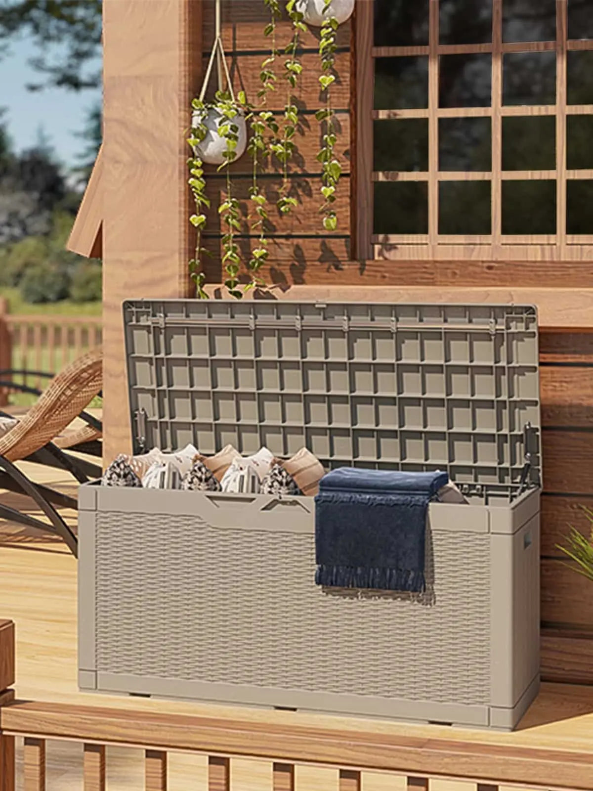 The 100 gallon ourdoor storage deck box is filled with patio supplies and standing in the patio