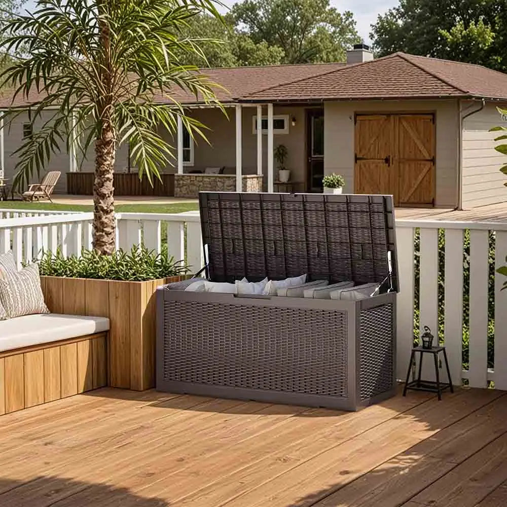 patiowell 100 gallon storage deck box color:Coffee Brown|style:without cushion,with cushion