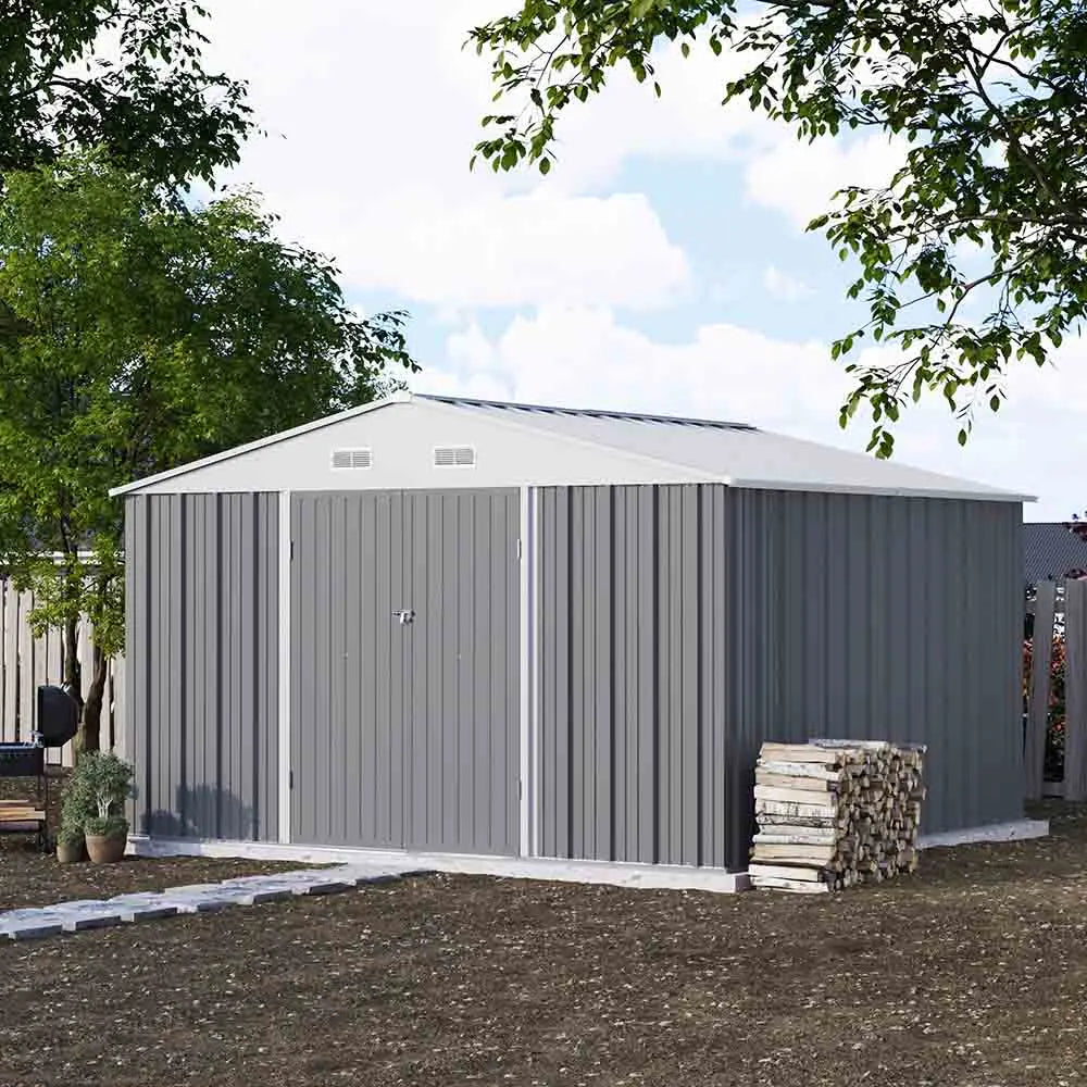 10x10 metal storage shed standing in a cozy backyard color:cool gray|style:without floor base,with floor base