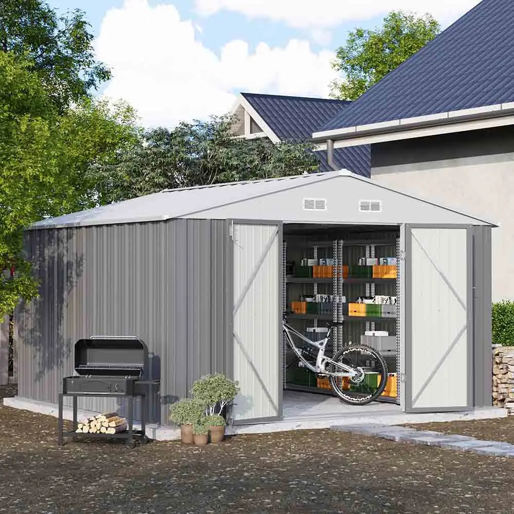 10x10 metal storage shed standing in a cozy backyard color:cool gray|style:without floor base,with floor base