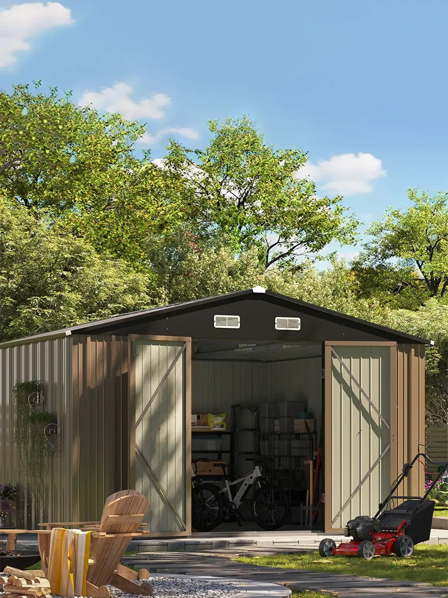 10x10 metal storage shed staning in a cozy backyard