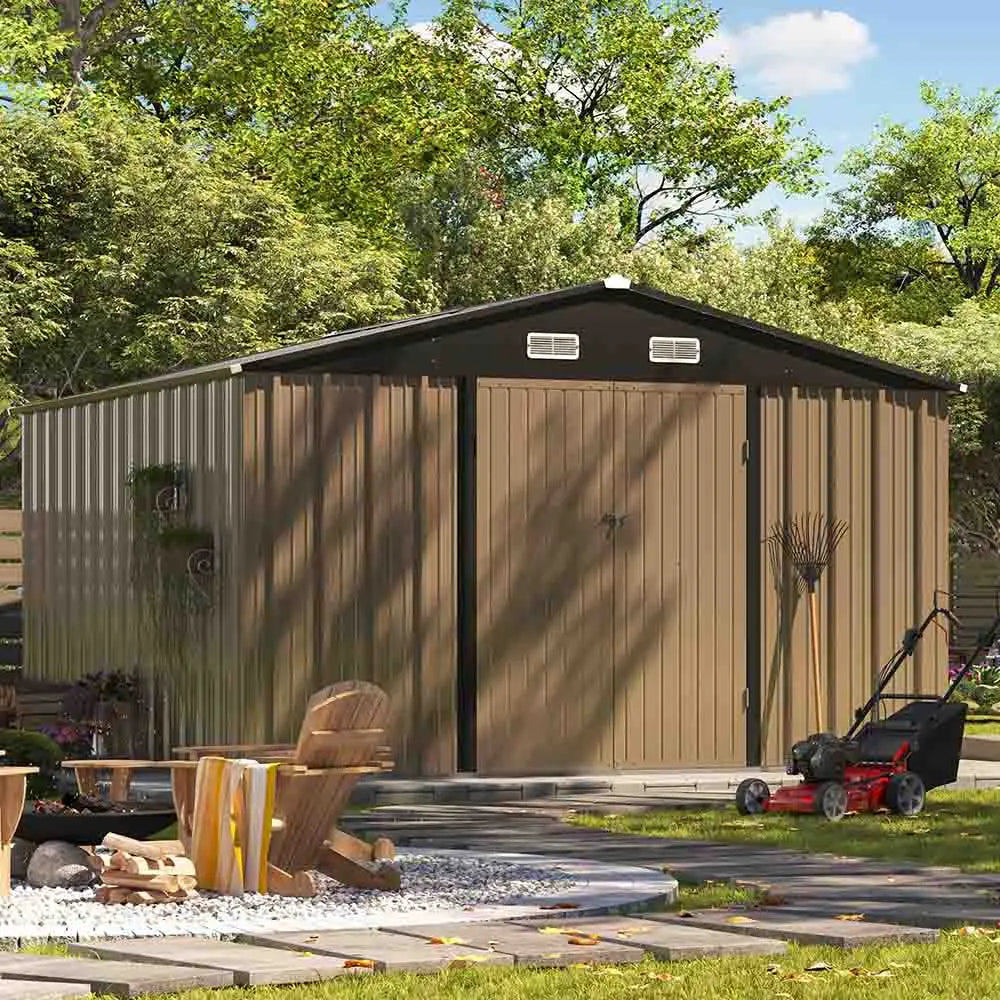 10x10 metal storage shed standing in a cozy backyard color:Khaki|style:without floor base,with floor base