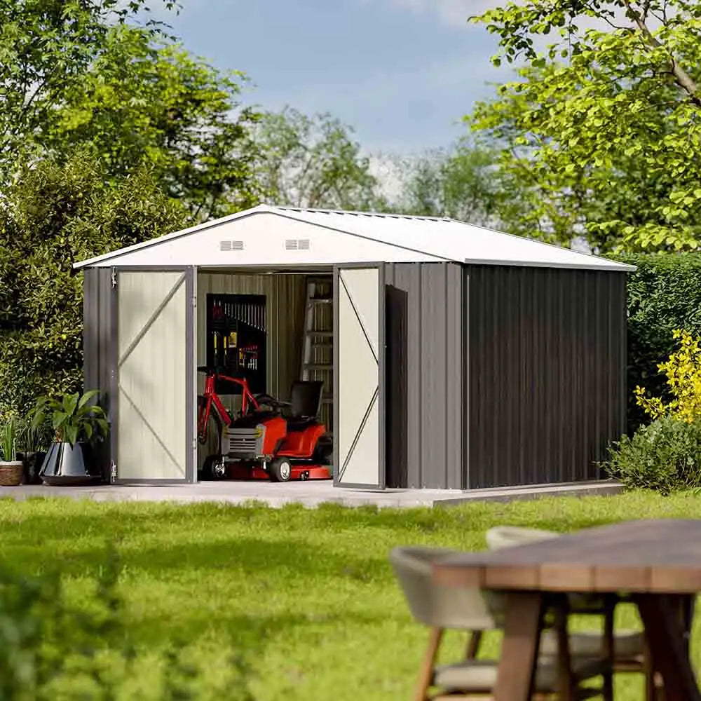 10x8 metal storage shed standing in a cozy backyard color:cool gray|style:without floor base,with floor base