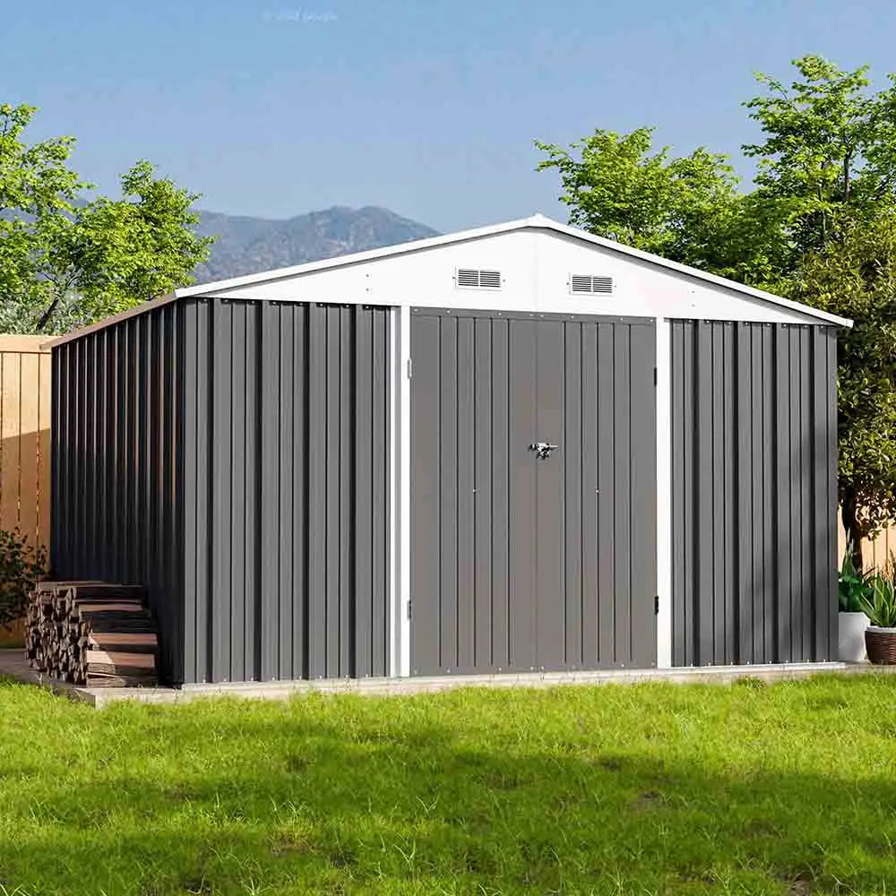 10x8 metal storage shed standing in a cozy backyard color:cool gray|style:without floor base,with floor base