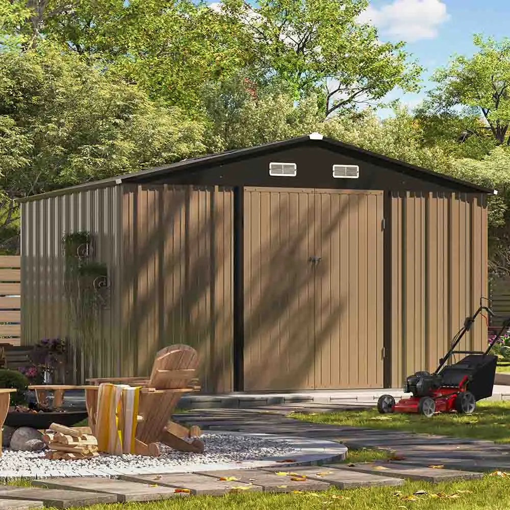 10x8 metal storage shed standing in a cozy backyard color:Khaki|style:without floor base,with floor base