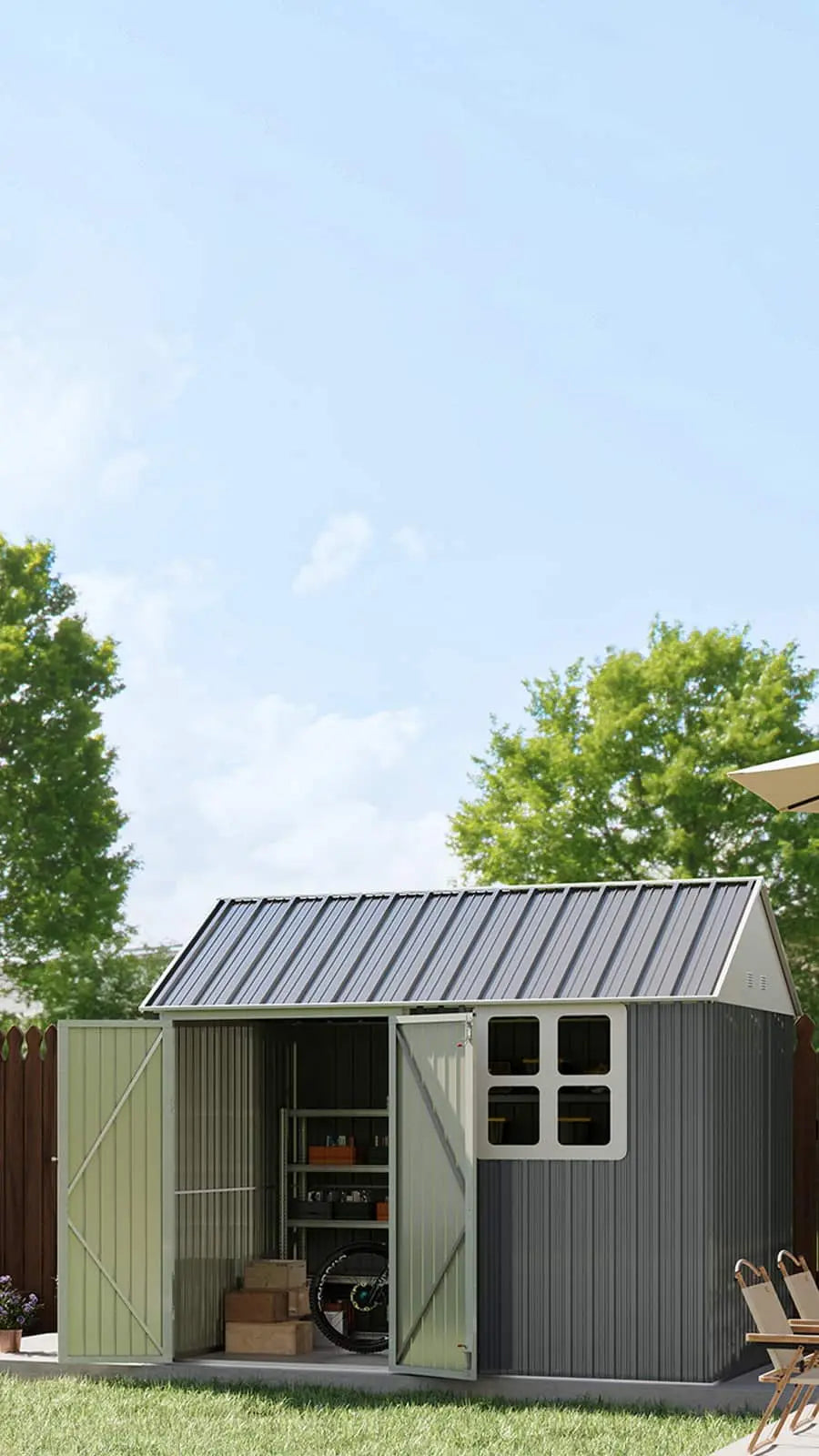 10x8-metal-storage-shed-with-windows-standing-in-backyard