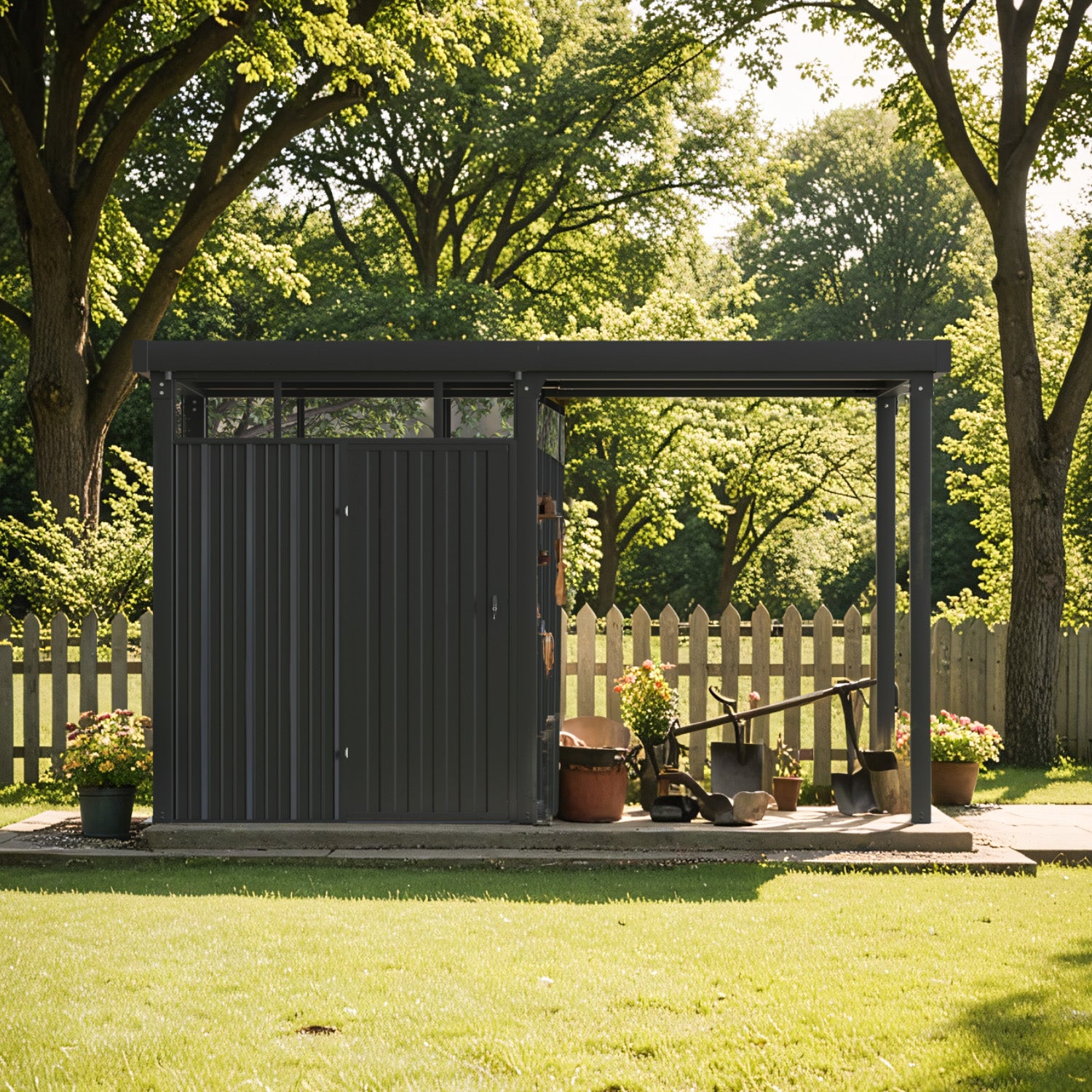 patiowell-14x7-metal-shed-with-open-sided-firewood in yard