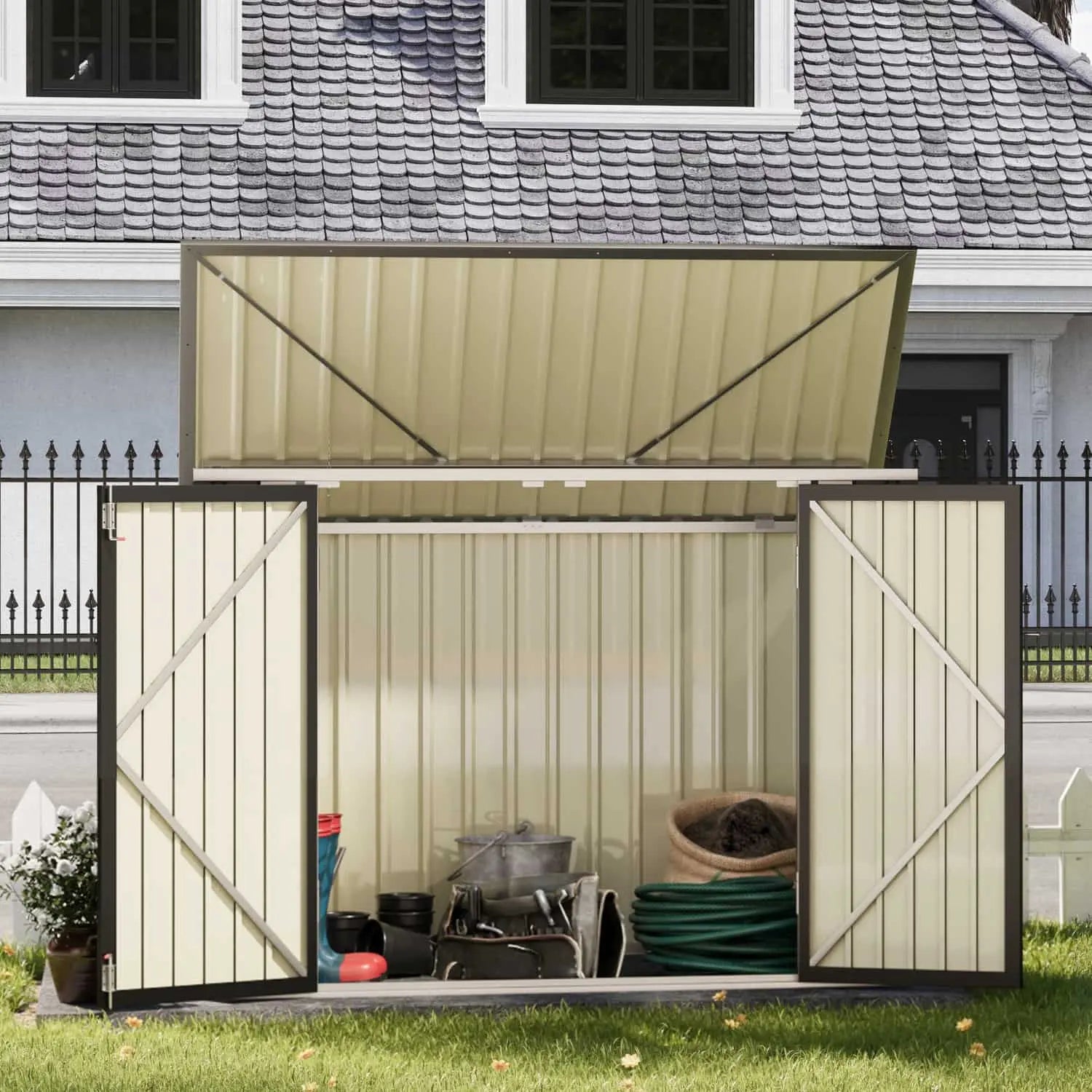 6x3 metal bike storage shed filled with garden tool