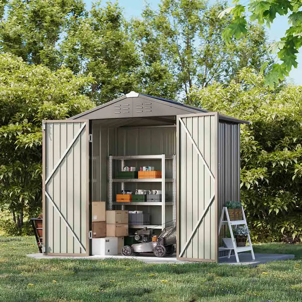 6x4 metal storage shed standing in the backyard