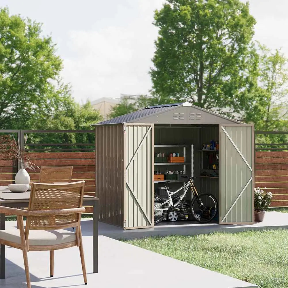 8x6 metal storage shed standing in the backyard