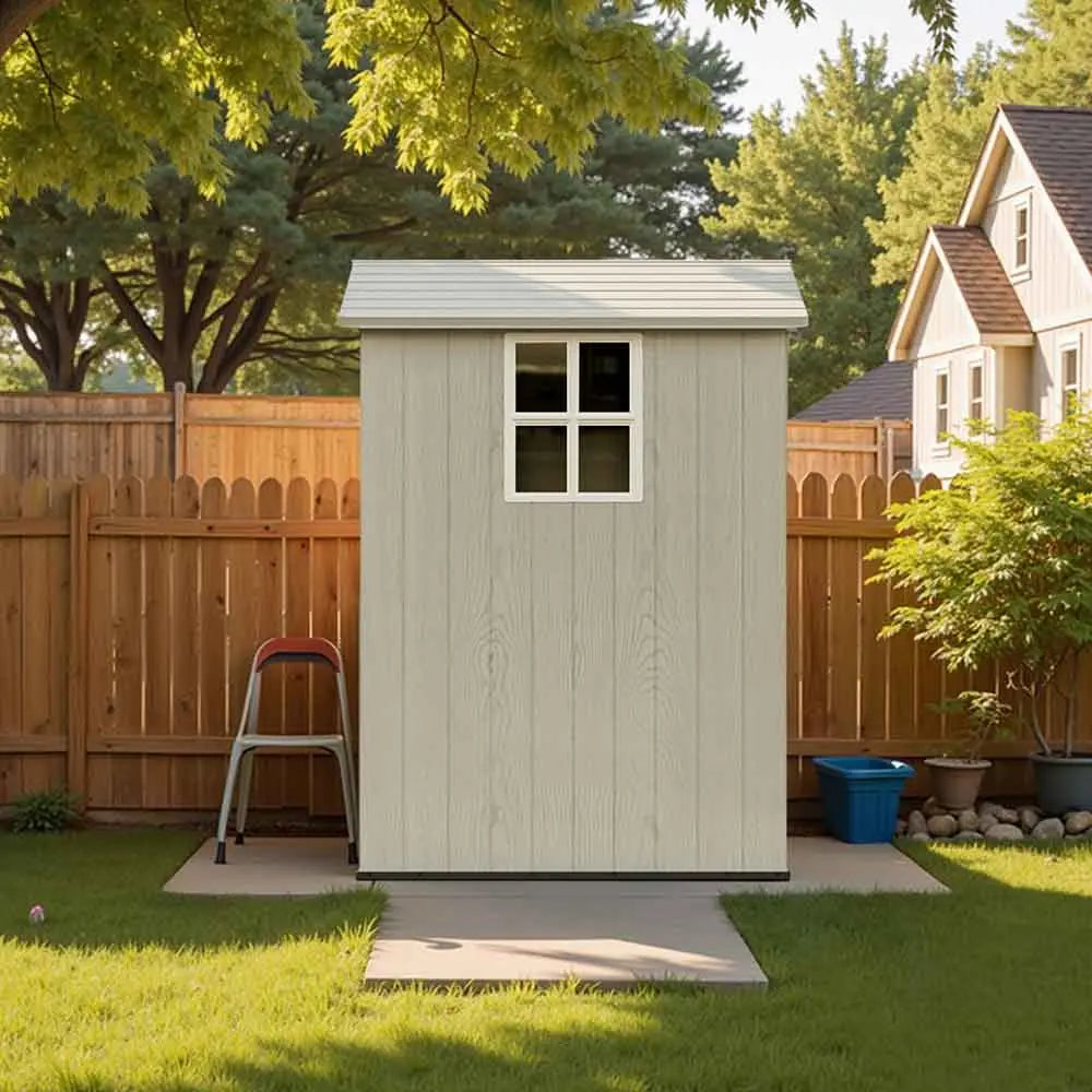 patiowell-fit-it-4x4-plastic-storage-shed in backyard
color:white