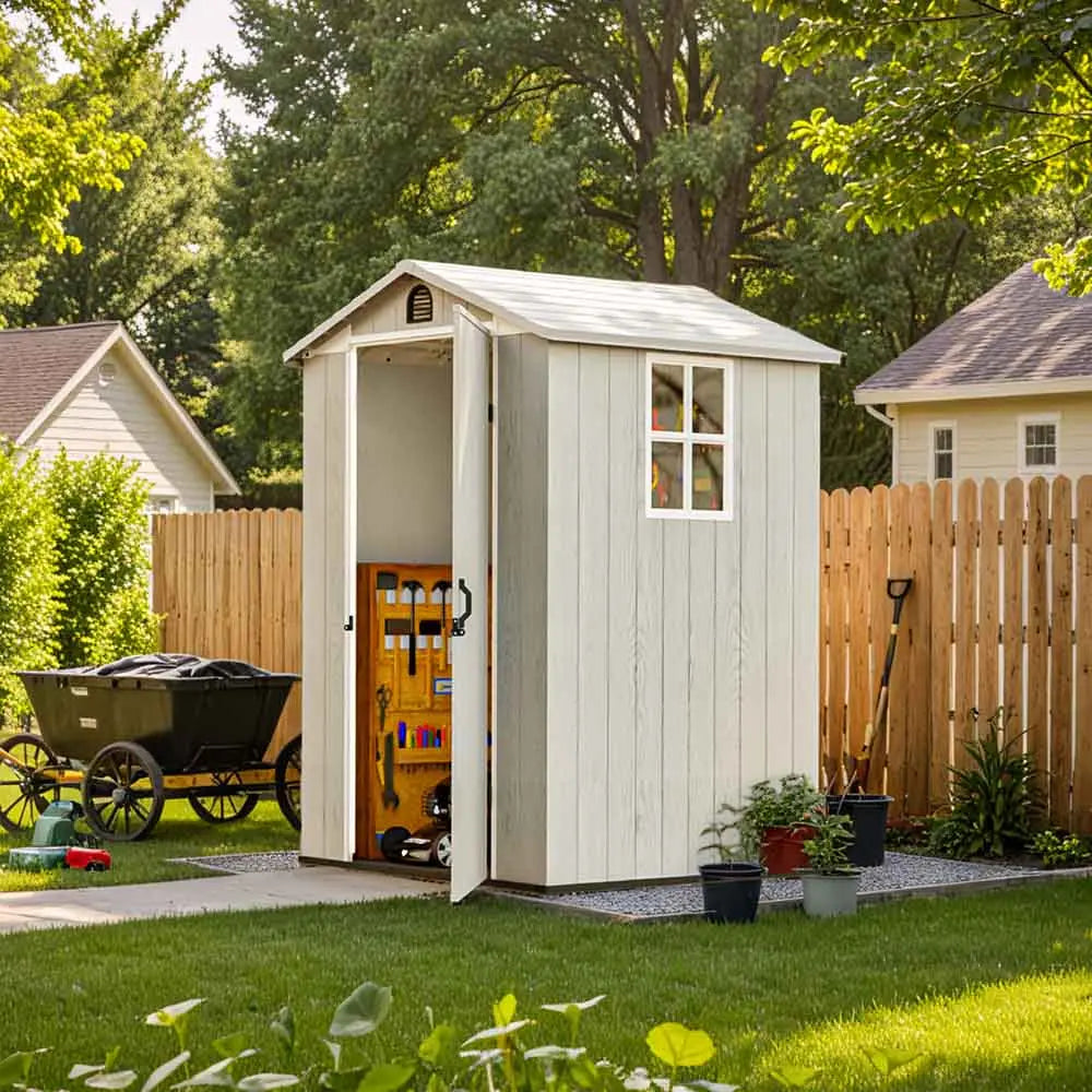 patiowell-fit-it-4x4-plastic-storage-shed in yard
color:white