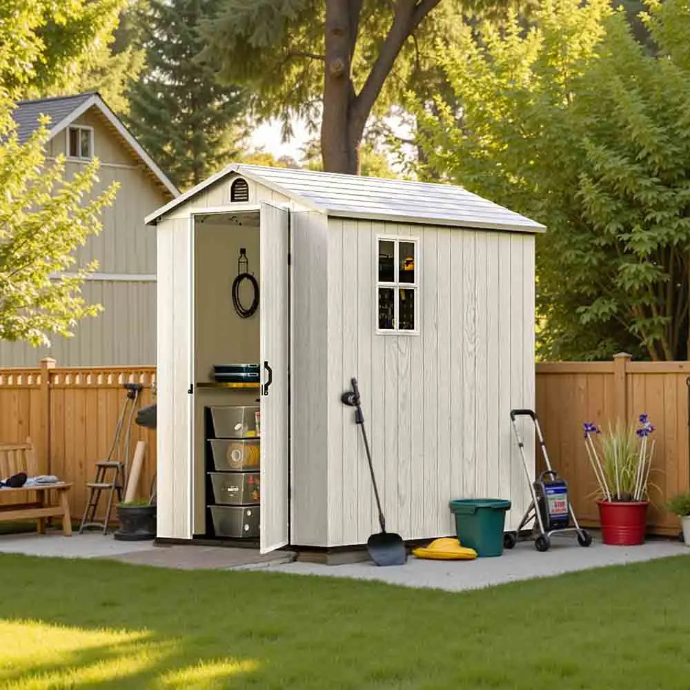 fit-it 4x6 plastic storage shed standing in backyard with door opening color:white