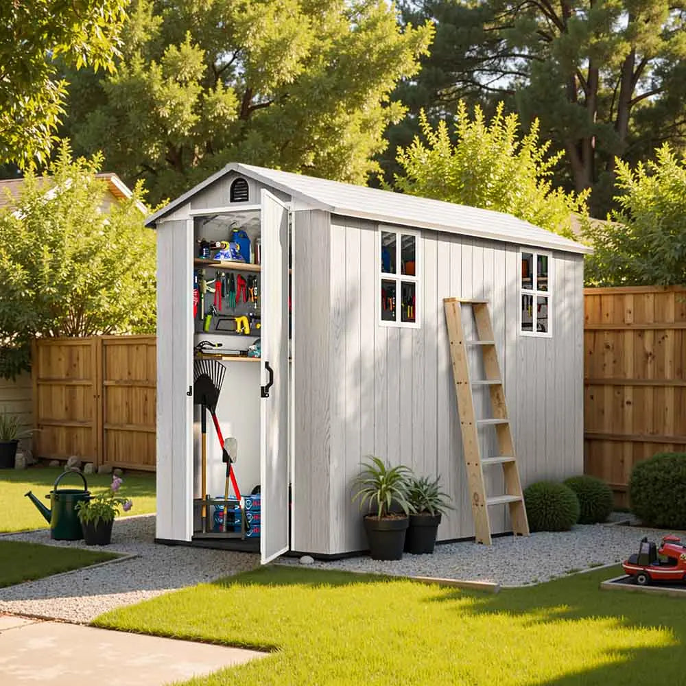 patiowell fit-it 4x8 plastic storage shed scene color:white