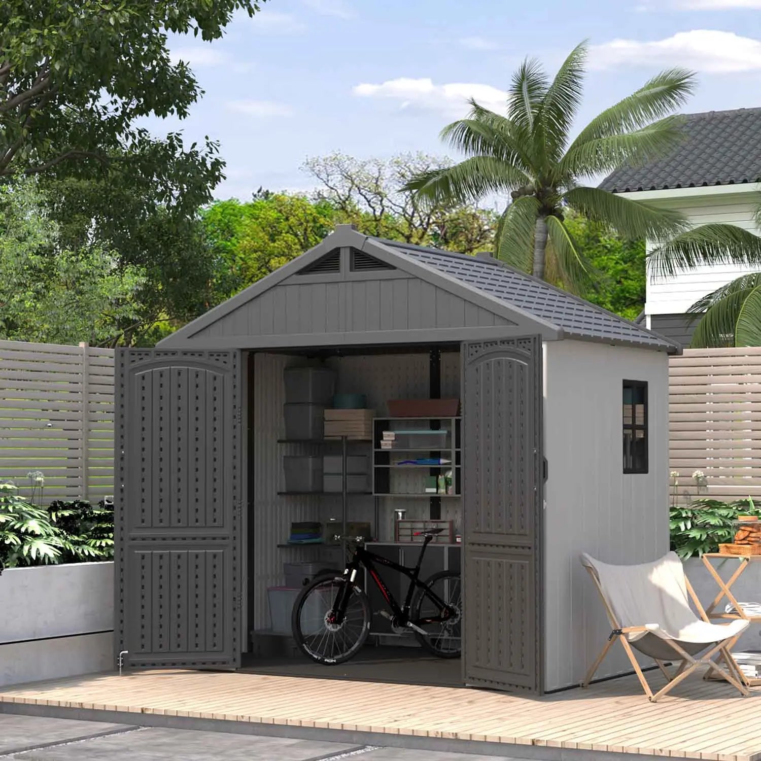8x6 plastic storage shed standing in backyard