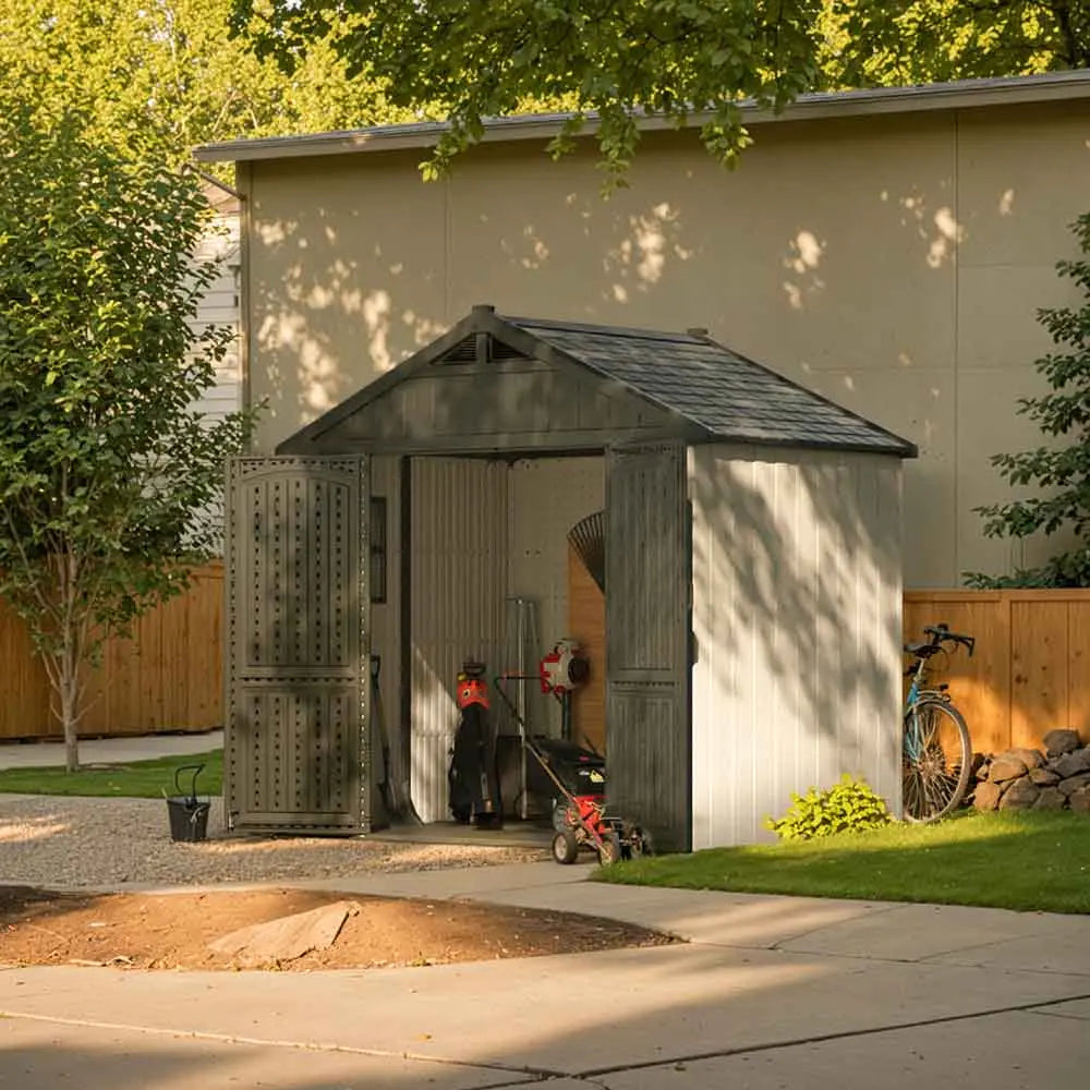 Patiowell_kick-it_8x6_plastic_shed in backyard
color:gray white|Led Lighting:not included,included