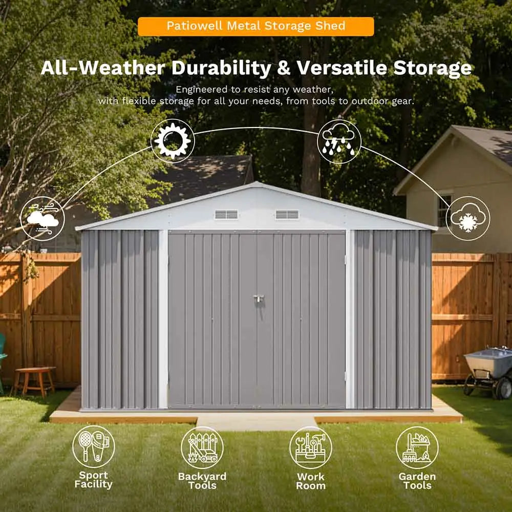 patiowell-large-metal-storage-shed features
color:cool gray|style:without floor base,with floor base