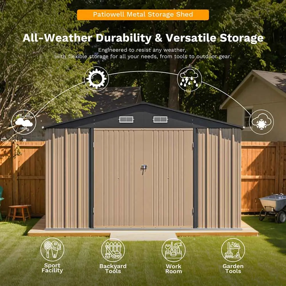 patiowell metal storage shed all-weatrher durability and versatile storage color:Khaki|style:without floor base,with floor base