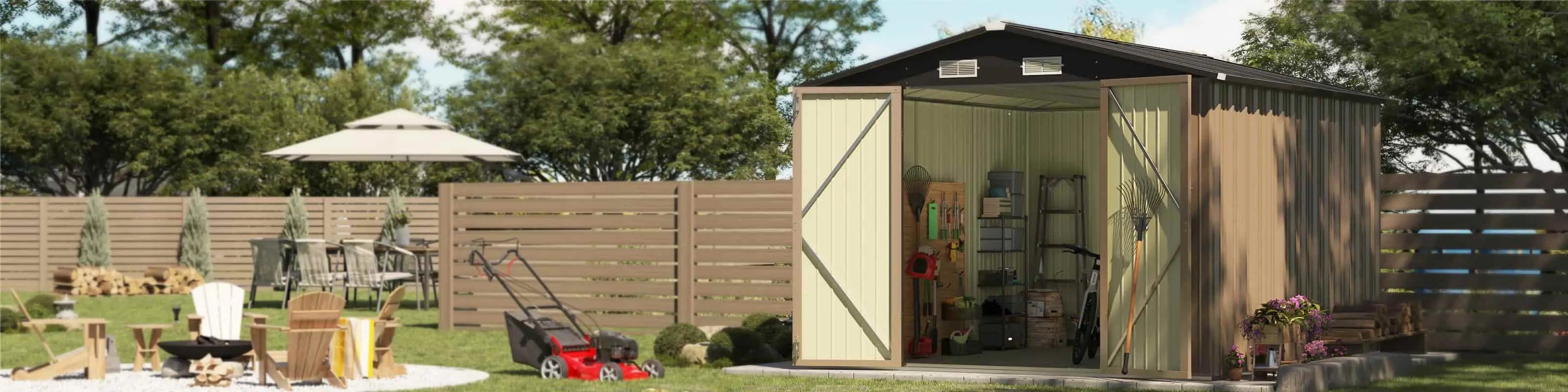 patiowell metal storage shed in a cozy backyard