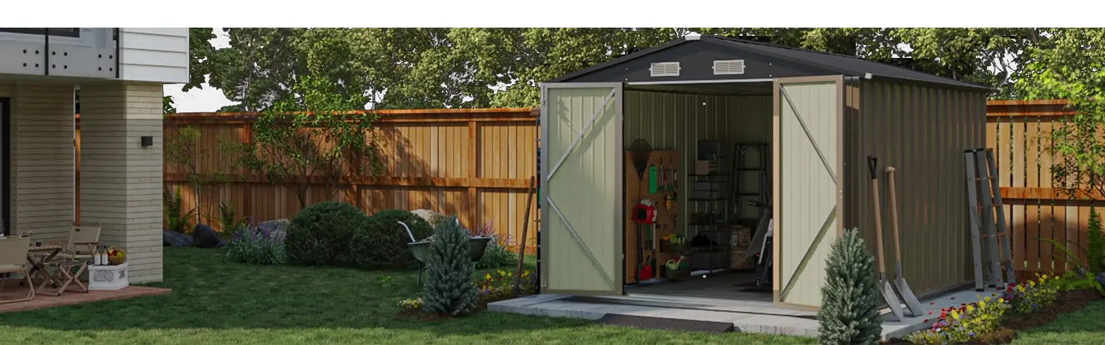 10x10 metal storage shed standing in backyard
